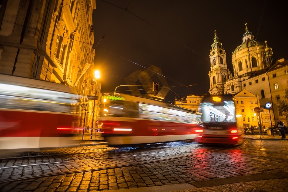Prague trams at night in Mala Strana Prague, Czech Republic