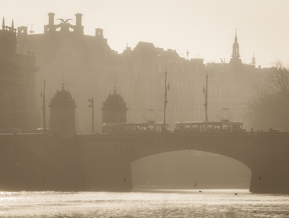 Most Legii and tram on a misty autumnal morning Prague, Czech Republic