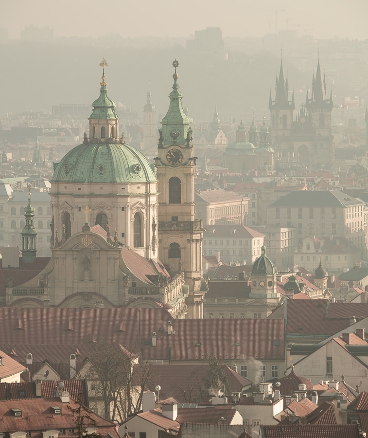 Prague spires on a misty autumnal morning Prague, Czech Republic