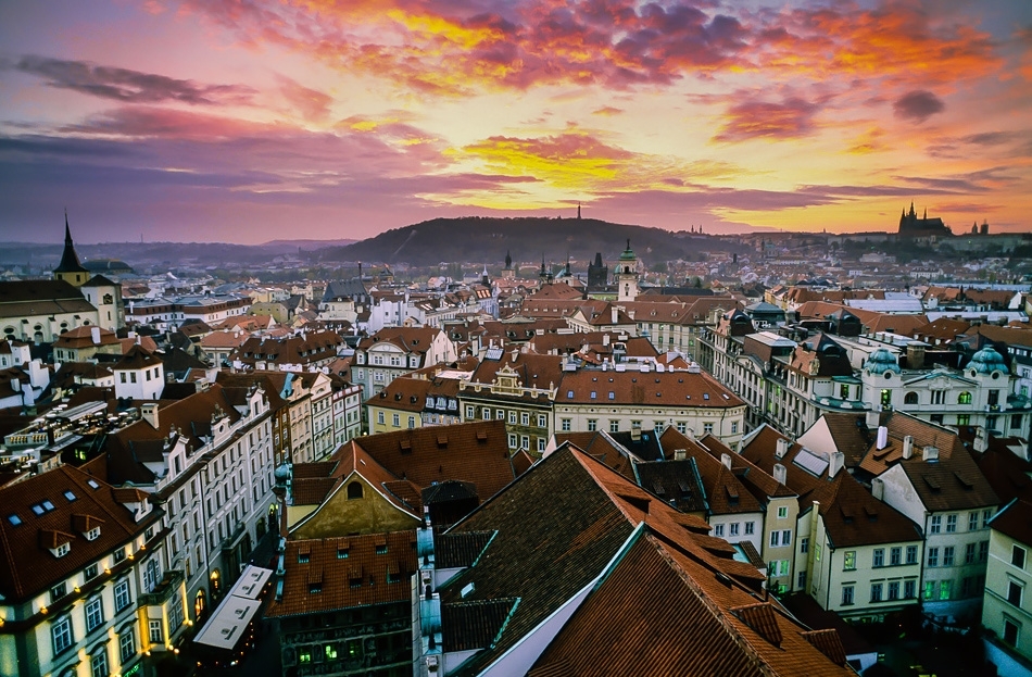 Sunset looking across Old Town towards Prague Castle and Petrin Prague, Czech Republic
