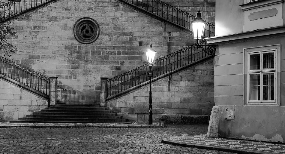 Steps to Charles Bridge at night Prague, Czech Republic