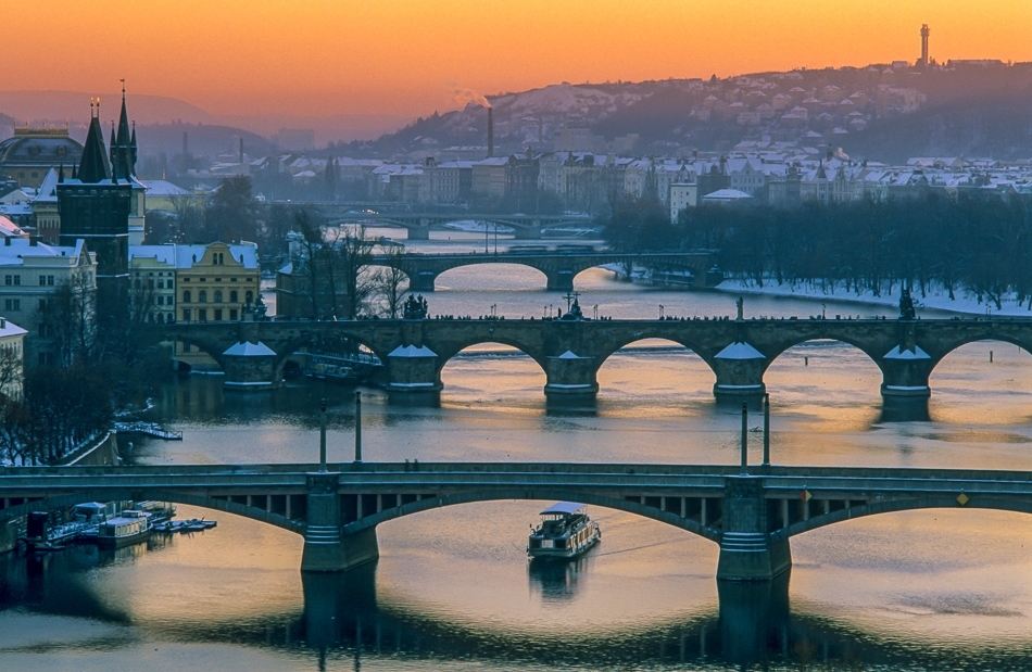 Bridges crossing the River Vltava at sunset Prague, Czech Republic