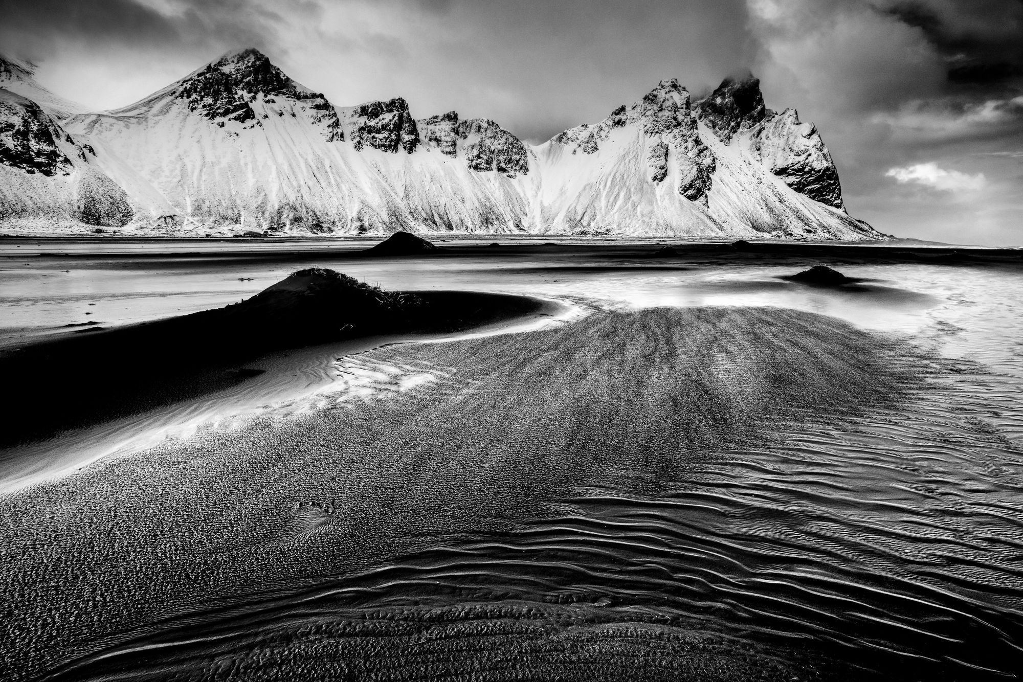 Black and white of Stokksnes beach, Iceland. 