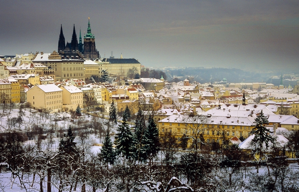 Prague Castle and Mala Strana in the snow Prague, Czech Republic