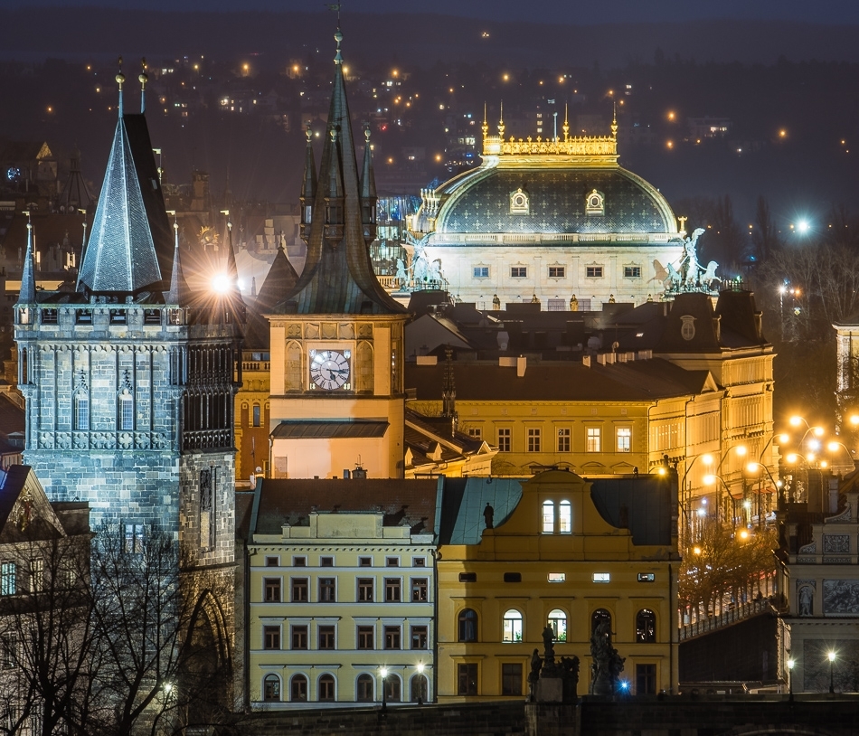 Prague spires and dome at night Prague, Czech Republic