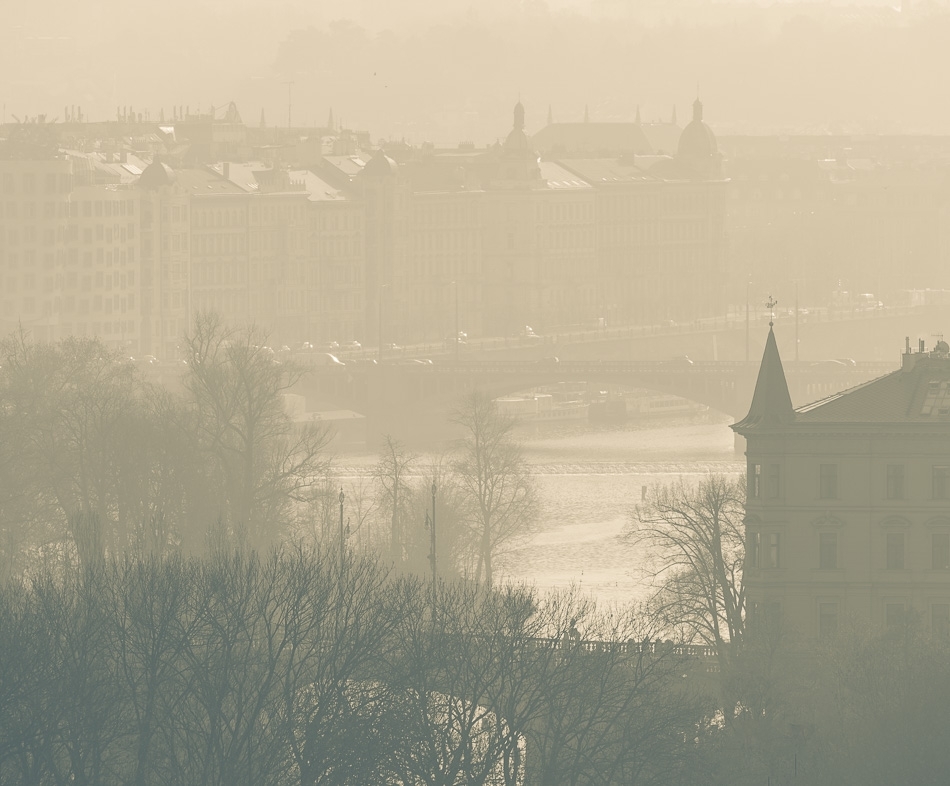 A misty autumnal Prague morning from St Nicholas Church Prague, Czech Republic