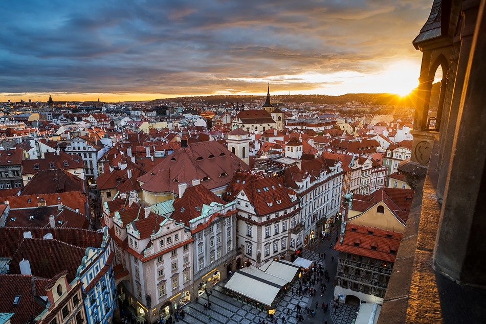 Sunset across Old Town from the Town Hall Tower Prague, Czech Republic